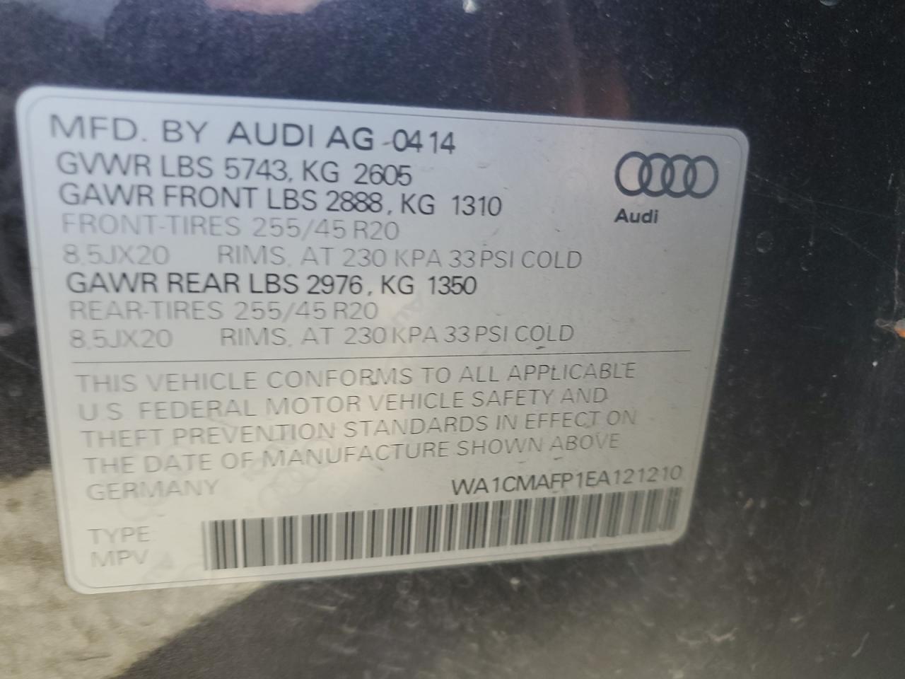 2014 Audi Q5 VIN WA1CMAFP1EA121210 Copart auction photo, front end damage thumbnail 13
