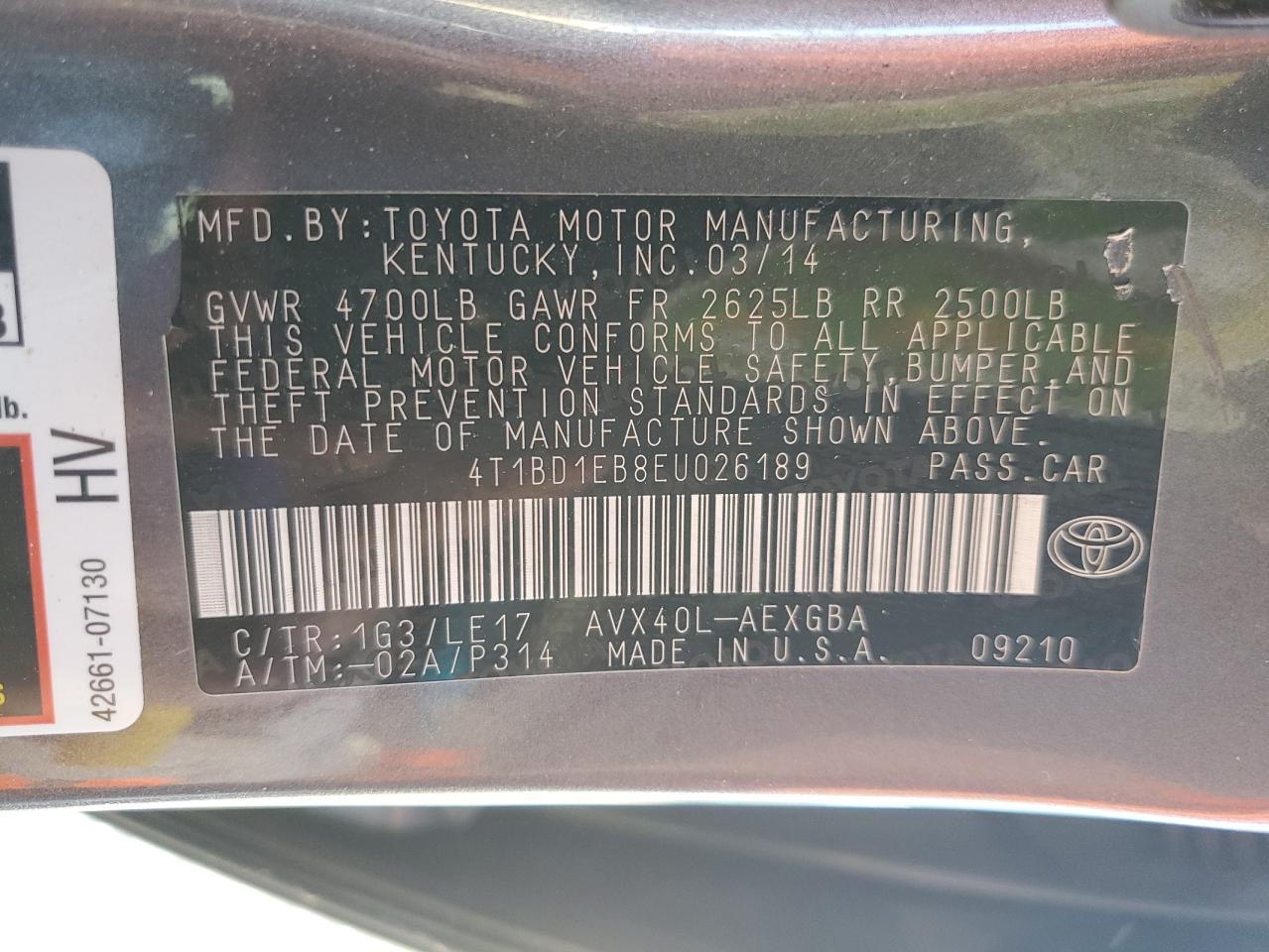 2014 Toyota Avalon VIN 4T1BD1EB8EU026189 Copart auction photo, side / front end damage thumbnail 12