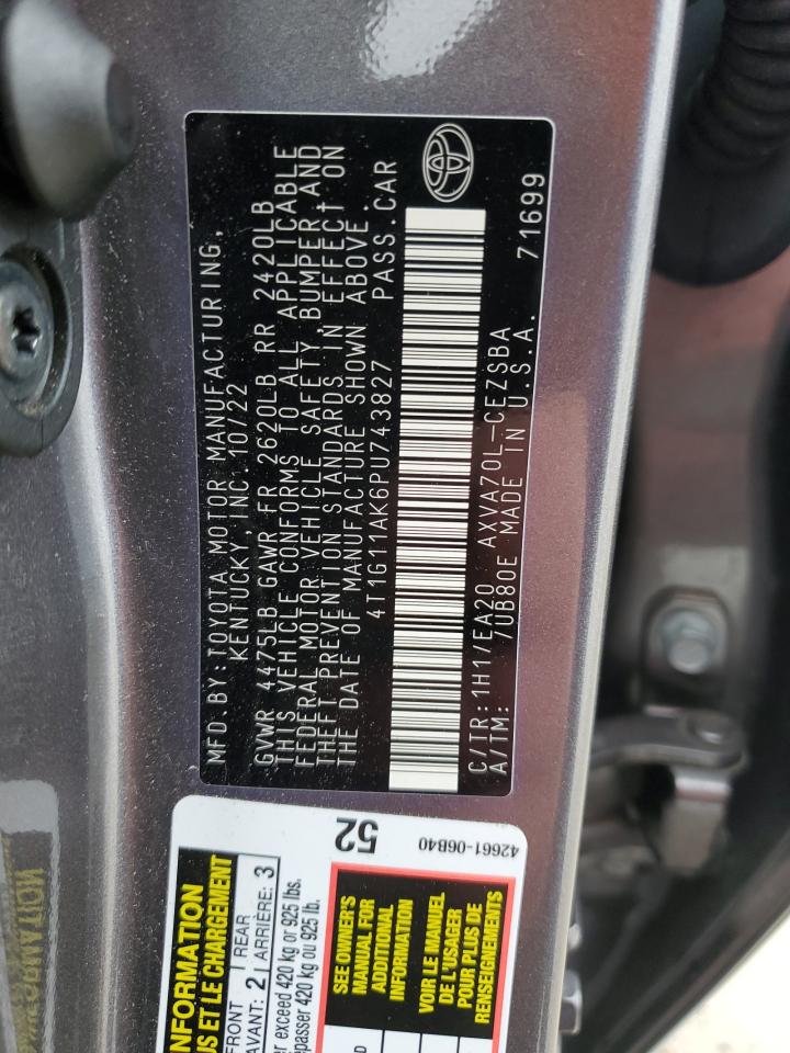 2023 Toyota Camry VIN 4T1G11AK6PU743827 Copart auction photo, side / rear end damage thumbnail 12