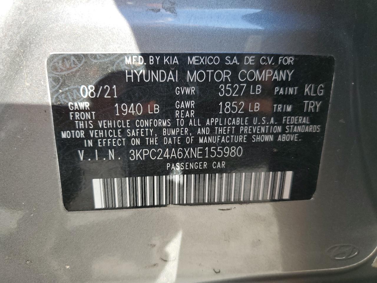 2022 Hyundai Accent VIN 3KPC24A6XNE155980 Copart auction photo, front end / minor dent/scratches damage thumbnail 15