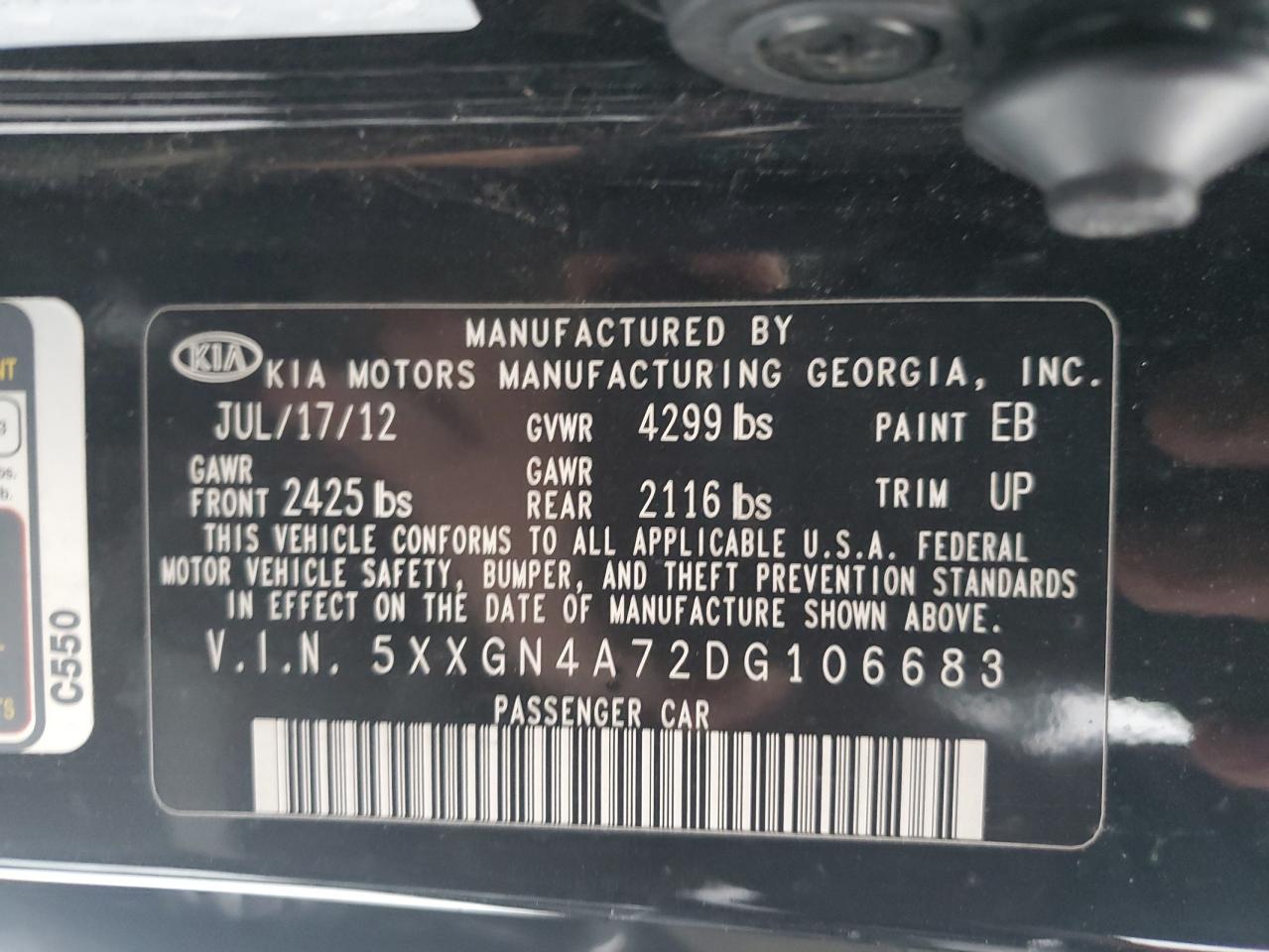 2013 KIA Optima VIN 5XXGN4A72DG106683 Copart auction photo, burn - engine / burn damage thumbnail 12