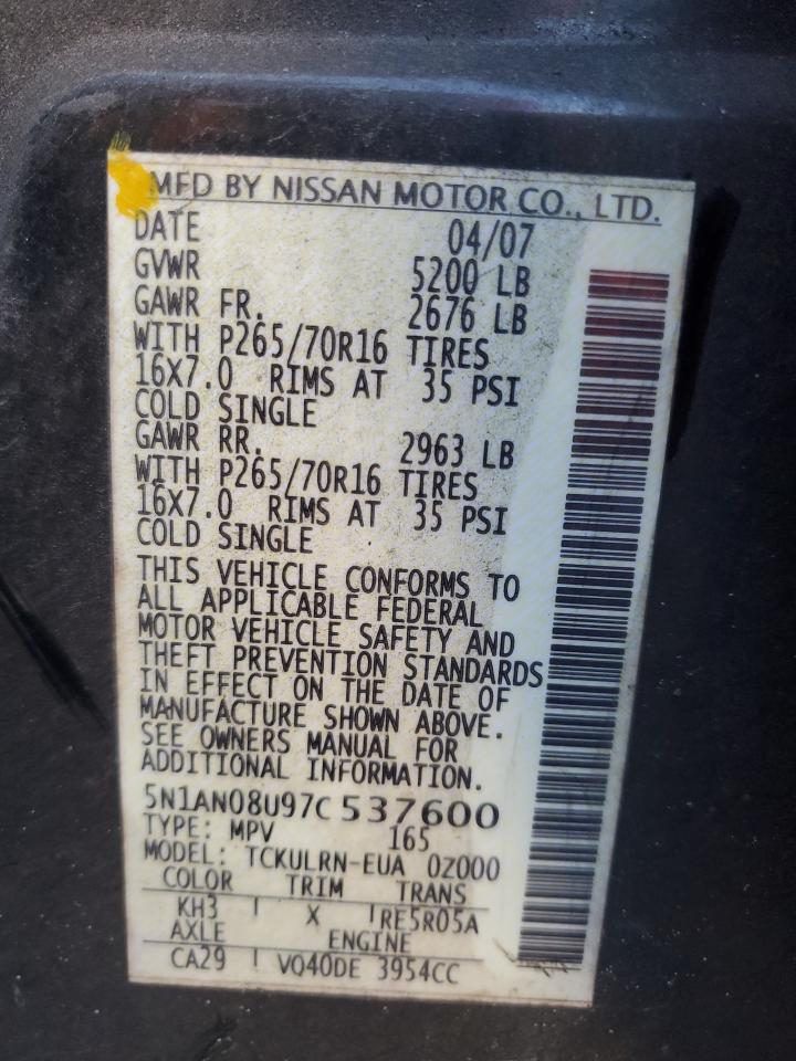 2007 Nissan XTerra VIN 5N1AN08U97C537600 Copart auction photo, front end / side damage thumbnail 12