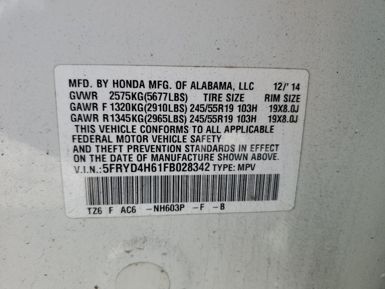 2015 Acura MDX VIN 5FRYD4H61FB028342 Copart auction photo, side / minor dent/scratches damage thumbnail 15