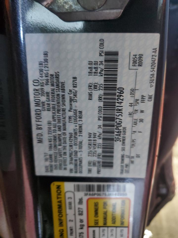 2018 Ford Fusion VIN 3FA6P0G75JR142960 Copart auction photo, side damage thumbnail 13
