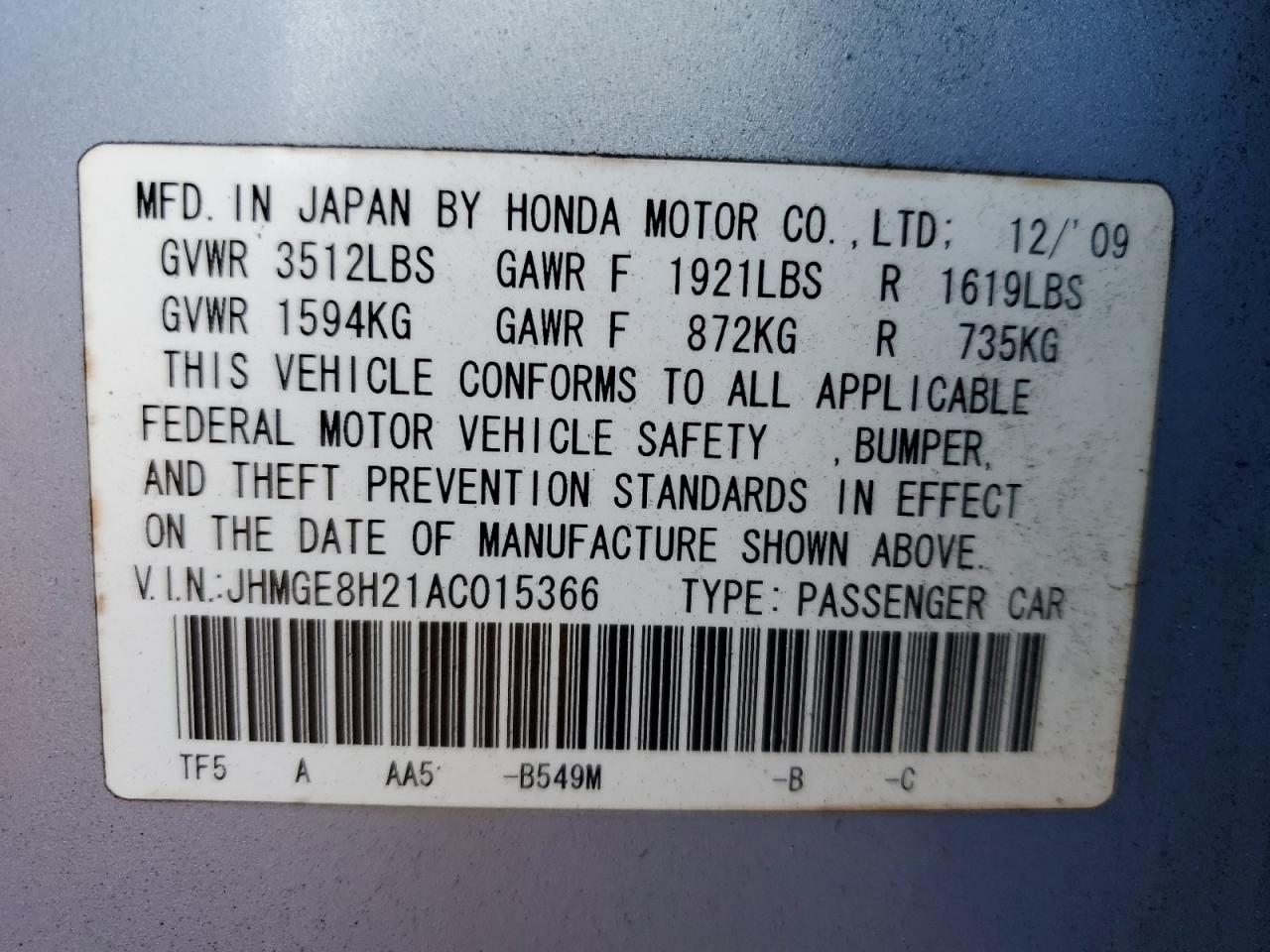 2010 Honda Fit VIN JHMGE8H21AC015366 Copart auction photo, front end damage thumbnail 13