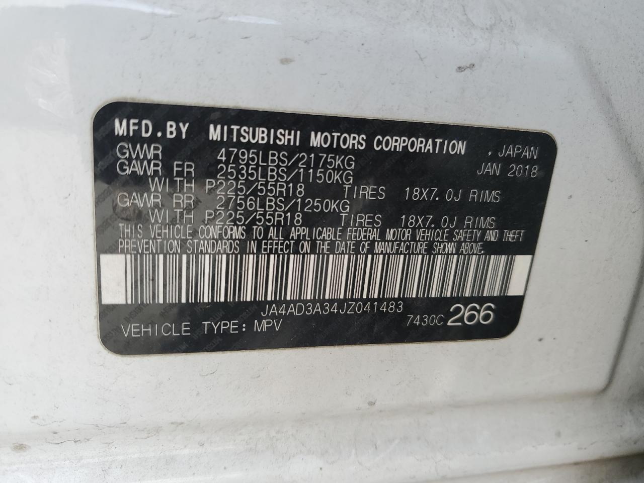 2018 Mitsubishi Outlander VIN JA4AD3A34JZ041483 Copart auction photo, side / rear end damage thumbnail 16