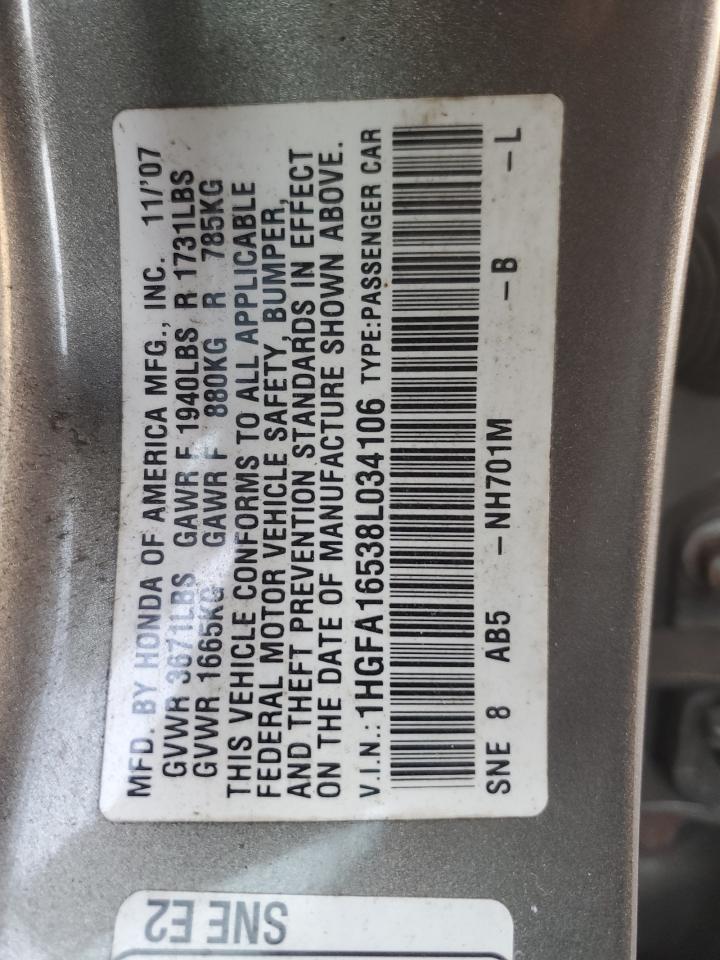 2008 Honda Civic VIN 1HGFA16538L034106 Copart auction photo, front end / rear end damage thumbnail 12