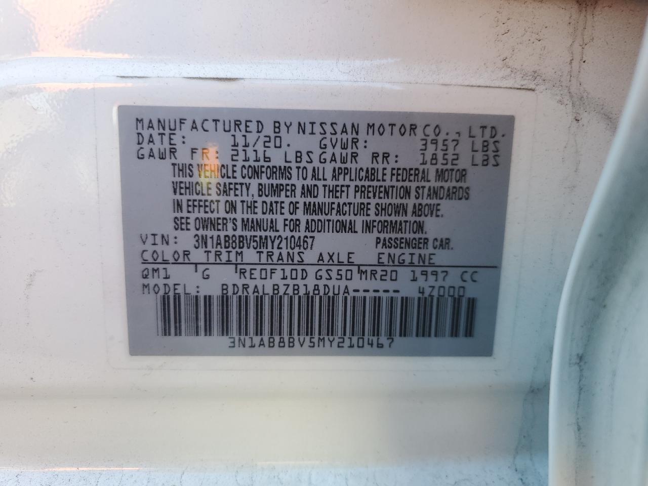 2021 Nissan Sentra VIN 3N1AB8BV5MY210467 Copart auction photo, front end / side damage thumbnail 12