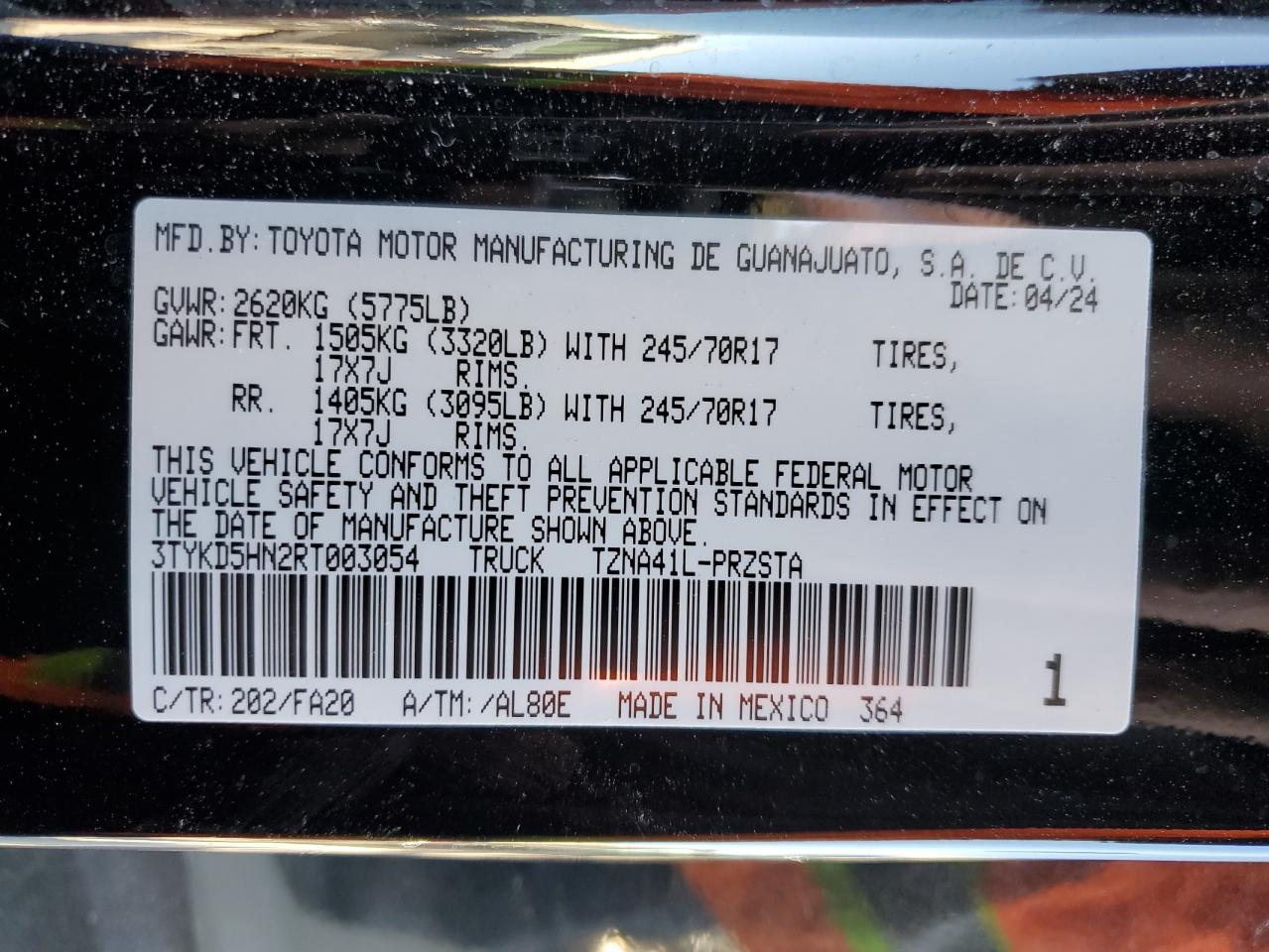 2024 Toyota Tacoma VIN 3TYKD5HN2RT003054 Copart auction photo, front end damage thumbnail 13