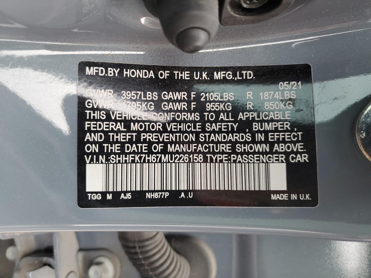 2021 Honda Civic VIN SHHFK7H67MU226158 Copart auction photo, rear end / front end damage thumbnail 14