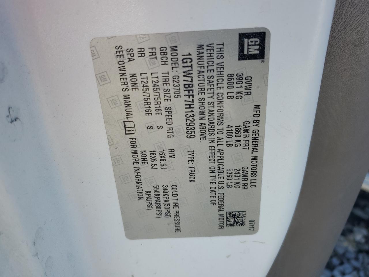 2017 GMC Savana VIN 1GTW7BFF7H1329359 Copart auction photo, front end damage thumbnail 13