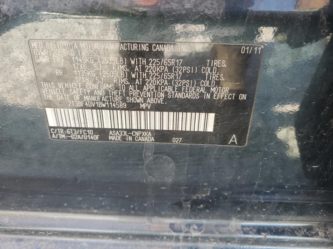 2011 Toyota RAV 4 VIN 2T3BF4DV1BW114589 Copart auction photo, side / front end damage thumbnail 13