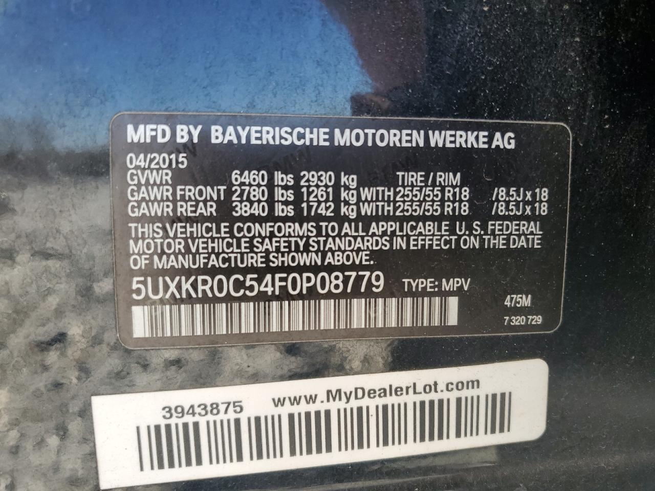 2015 BMW X5 VIN 5UXKR0C54F0P08779 Copart auction photo, all over damage thumbnail 13