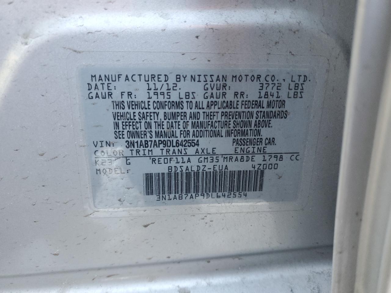 2013 Nissan Sentra VIN 3N1AB7AP9DL642554 Copart auction photo, rear end damage thumbnail 12