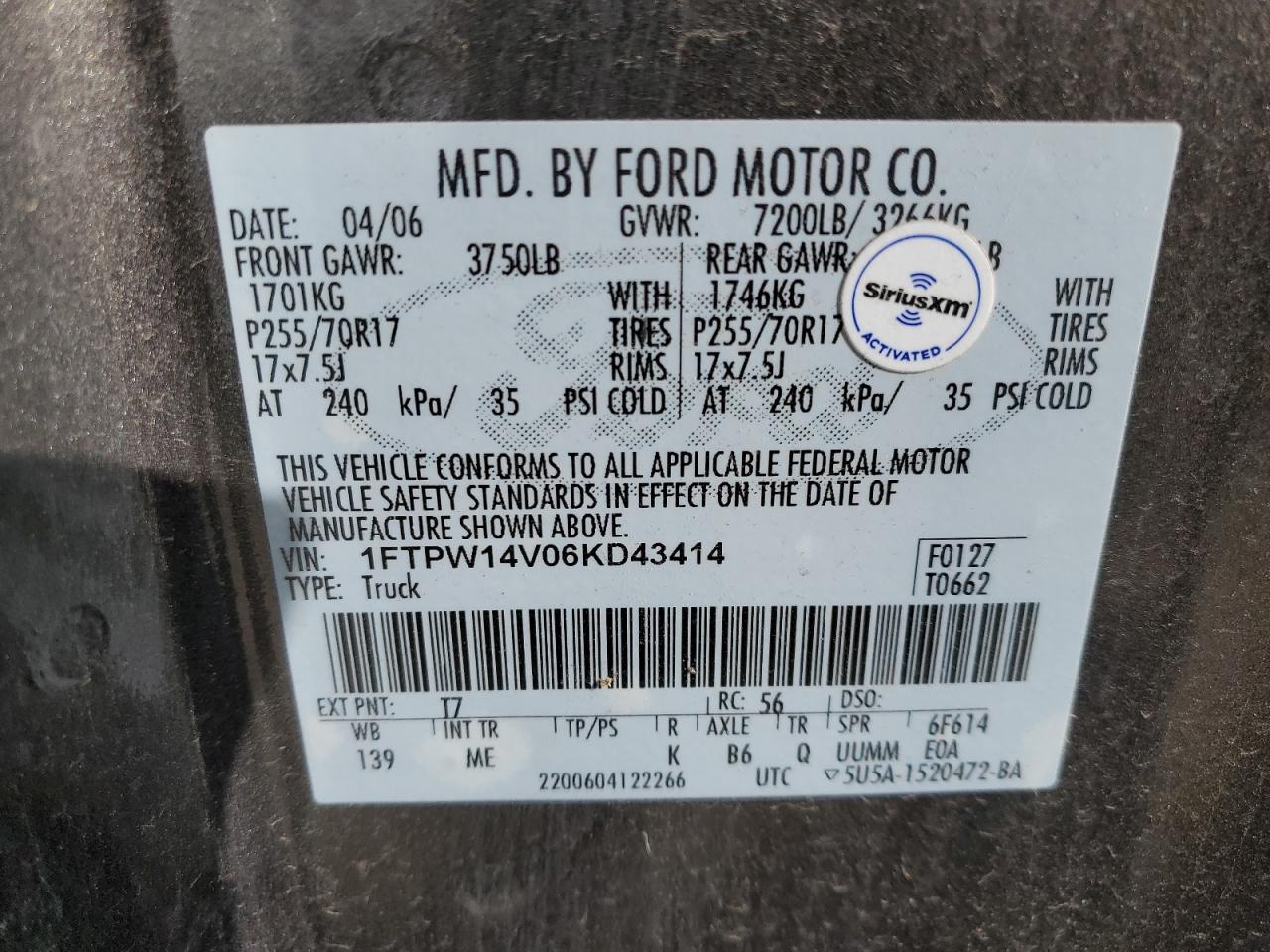 2006 Ford F-150 VIN 1FTPW14V06KD43414 Copart auction photo, rear end / side damage thumbnail 12