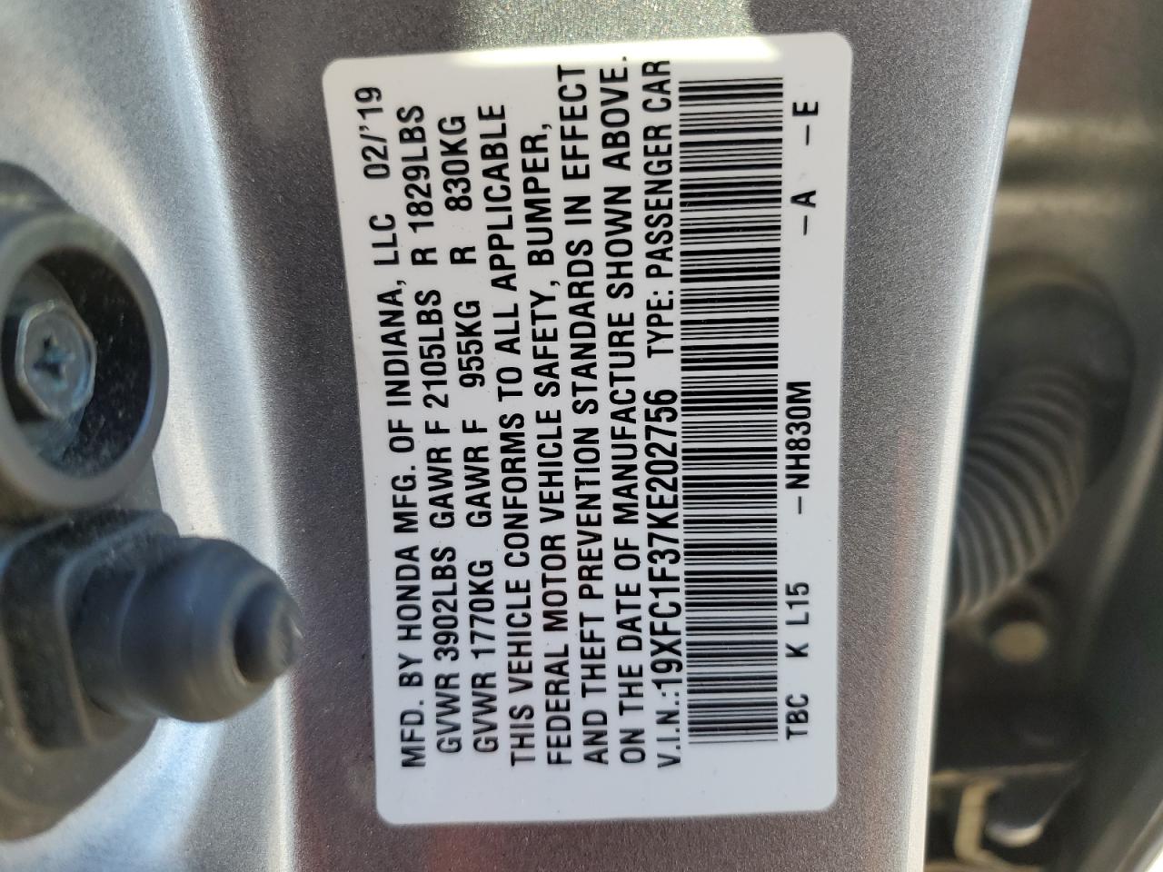 2019 Honda Civic VIN 19XFC1F37KE202756 Copart auction photo, rear end / side damage thumbnail 13