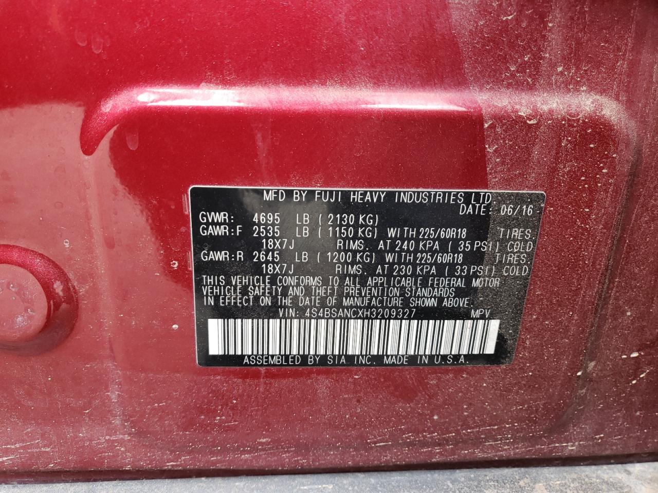 2017 Subaru Outback VIN 4S4BSANCXH3209327 Copart auction photo, front end damage thumbnail 15