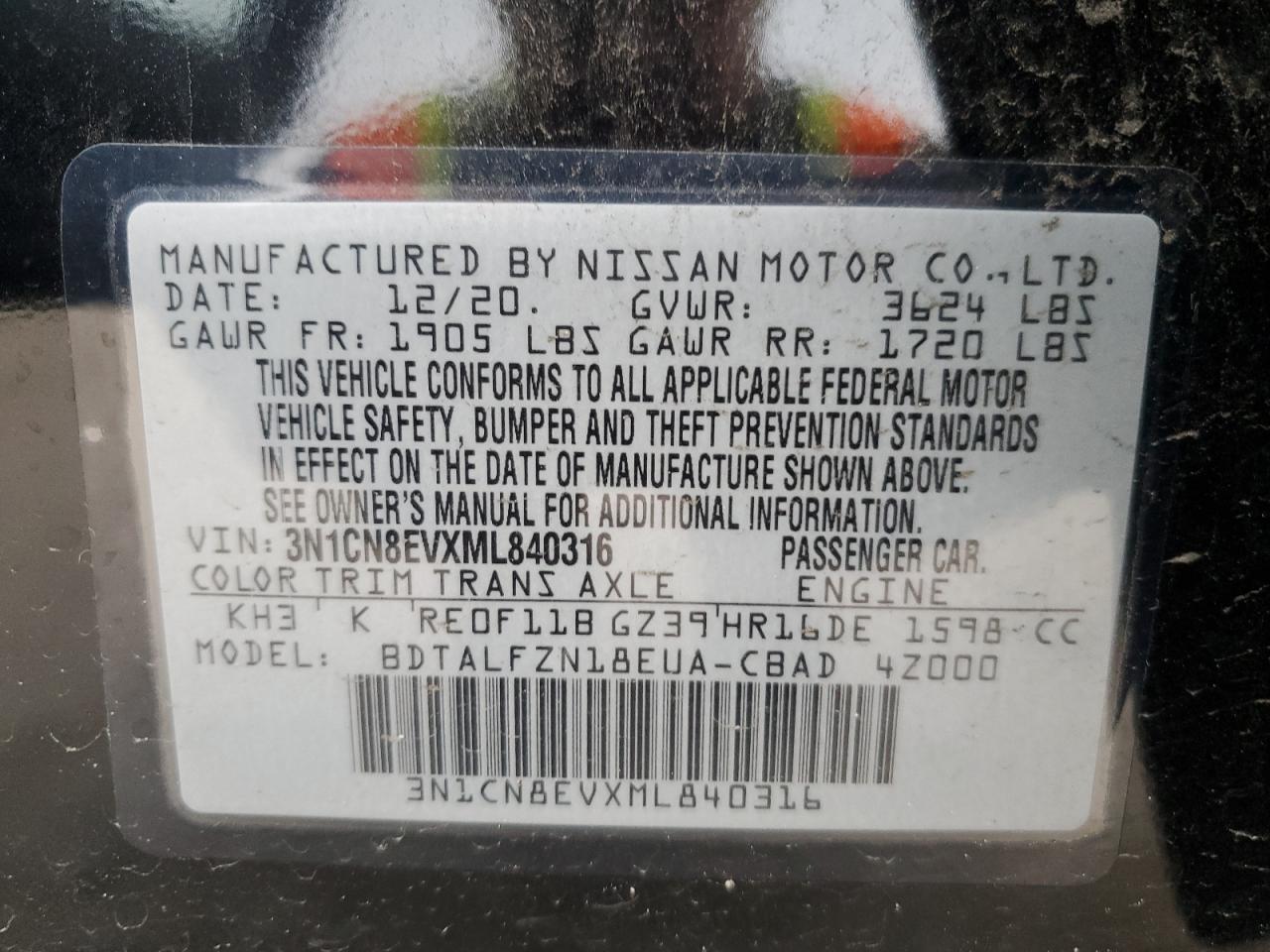 2021 Nissan Versa VIN 3N1CN8EVXML840316 Copart auction photo, front end damage thumbnail 15