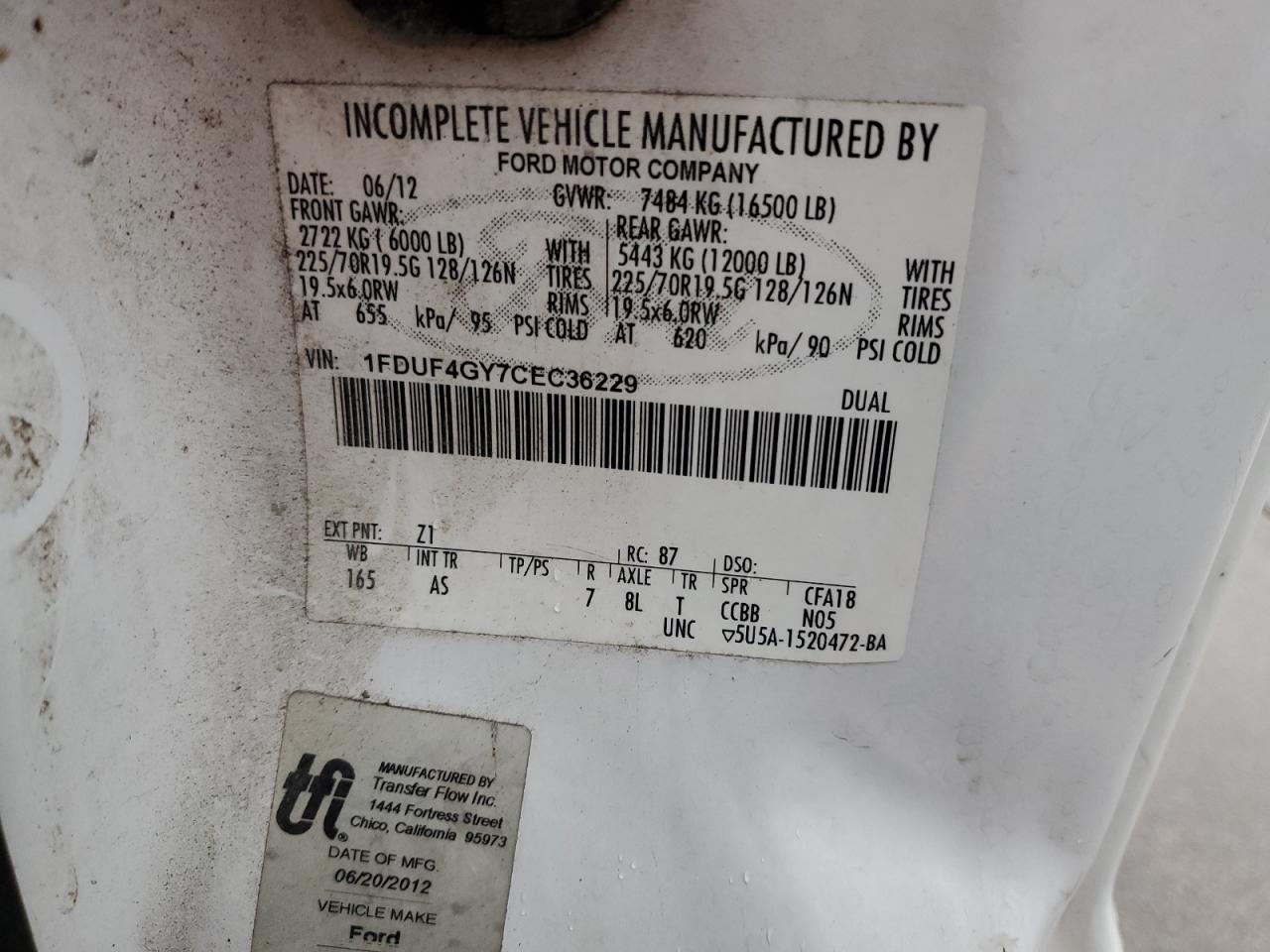 2012 Ford F450 VIN 1FDUF4GY7CEC36229 Copart auction photo, minor dent/scratches damage thumbnail 12
