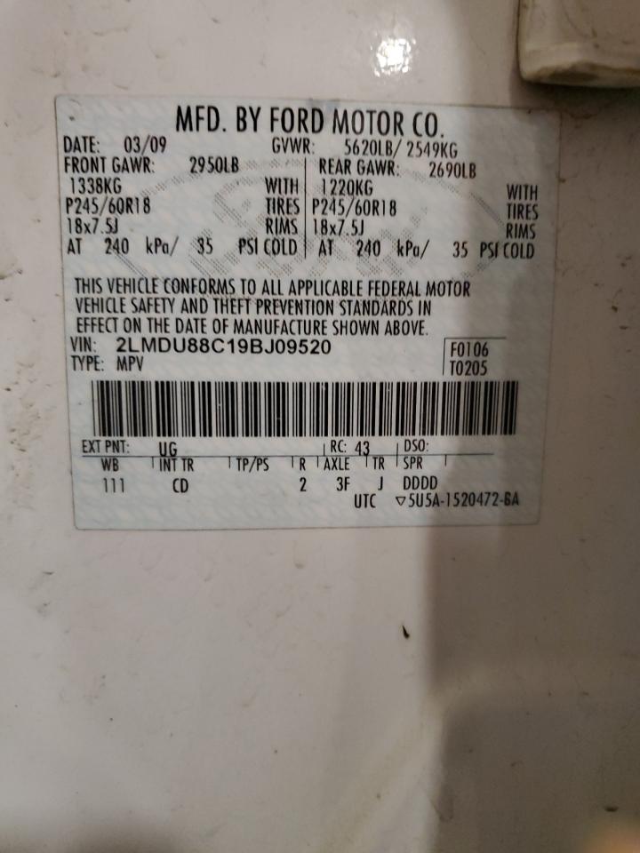 2009 Lincoln MKX VIN 2LMDU88C19BJ09520 Copart auction photo, front end damage thumbnail 15
