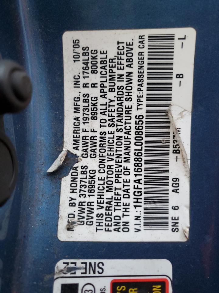 2006 Honda Civic VIN 1HGFA16886L008656 Copart auction photo, front end damage thumbnail 13