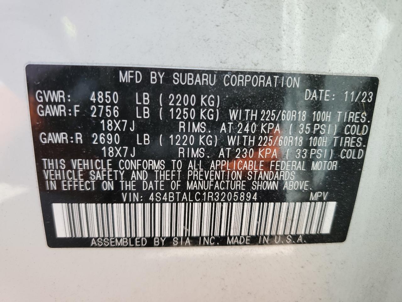 2024 Subaru Outback VIN 4S4BTALC1R3205894 Copart auction photo, front end damage thumbnail 14