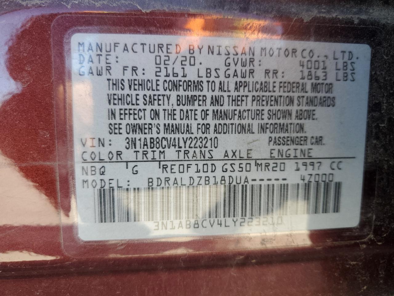 2020 Nissan Sentra VIN 3N1AB8CV4LY223210 Copart auction photo, rear end damage thumbnail 13