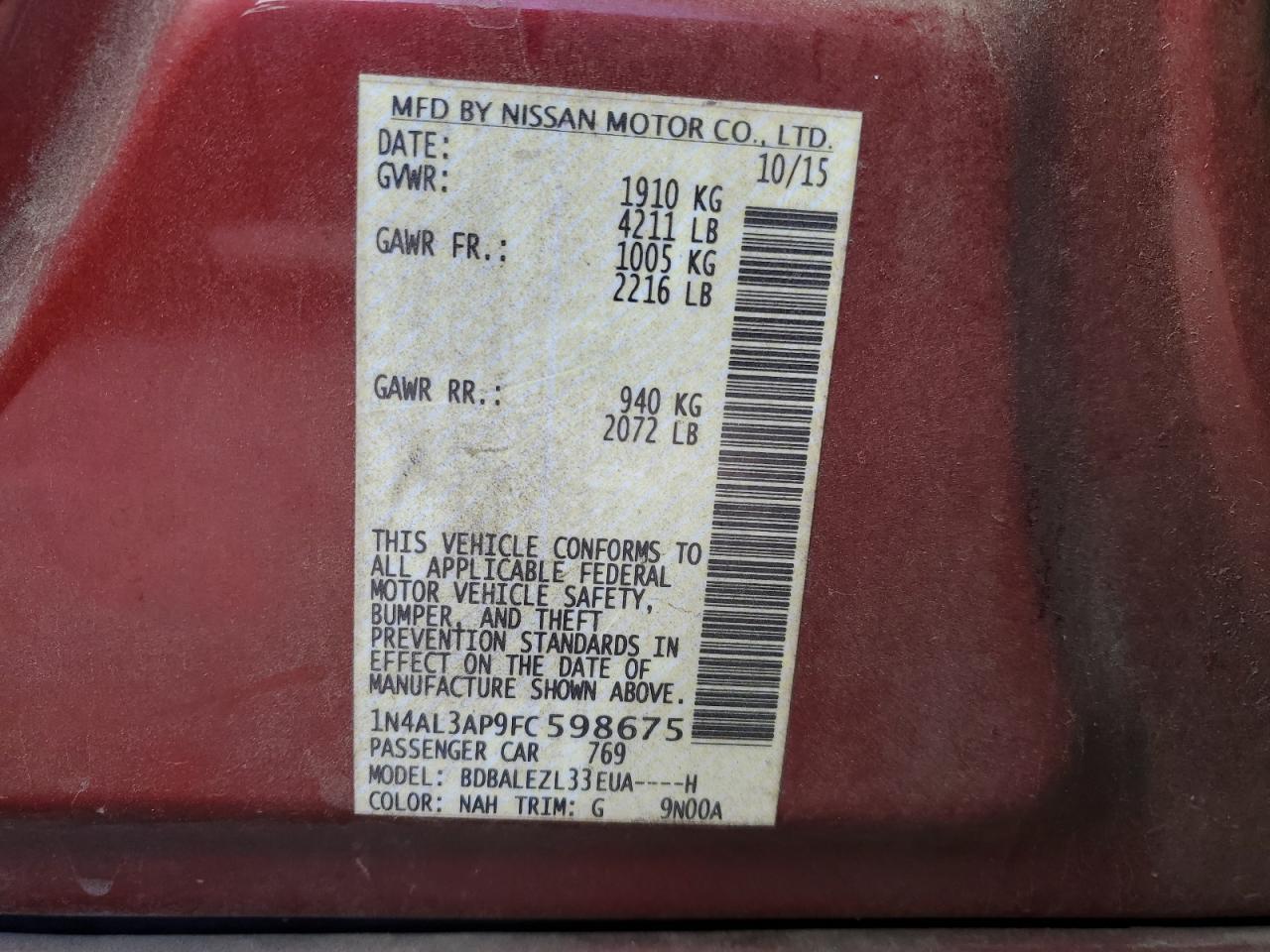 2015 Nissan Altima VIN 1N4AL3AP9FC598675 Copart auction photo, rear end / side damage thumbnail 14