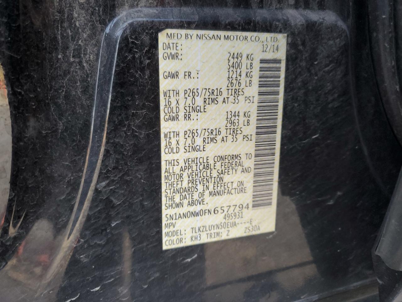 2015 Nissan XTerra VIN 5N1AN0NW0FN657794 Copart auction photo, front end damage thumbnail 15