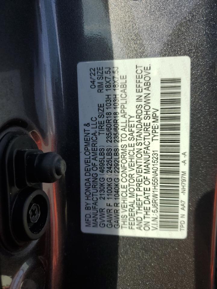 2022 Honda CR-V VIN 5J6RW1H55NA015231 Copart auction photo, front end / side damage thumbnail 14