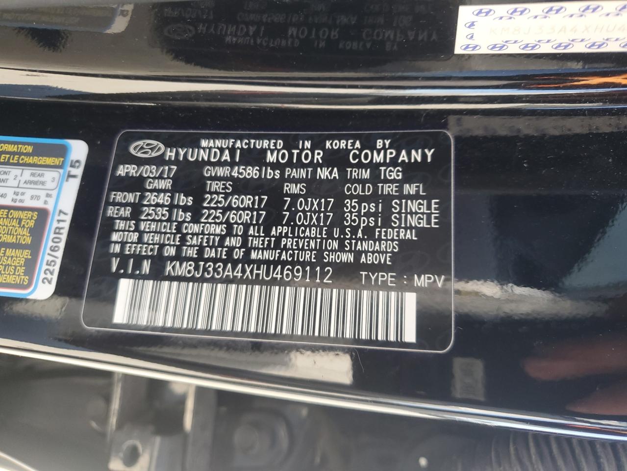 2017 Hyundai Tucson VIN KM8J33A4XHU469112 Copart auction photo, front end / minor dent/scratches damage thumbnail 13