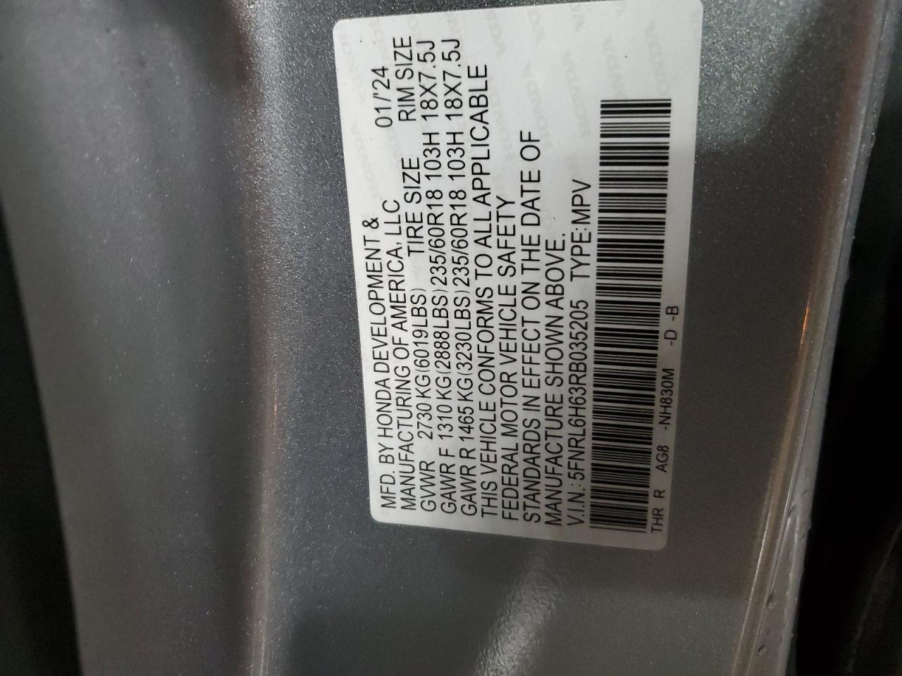 2024 Honda Odyssey VIN 5FNRL6H63RB035205 Copart auction photo, front end damage thumbnail 13