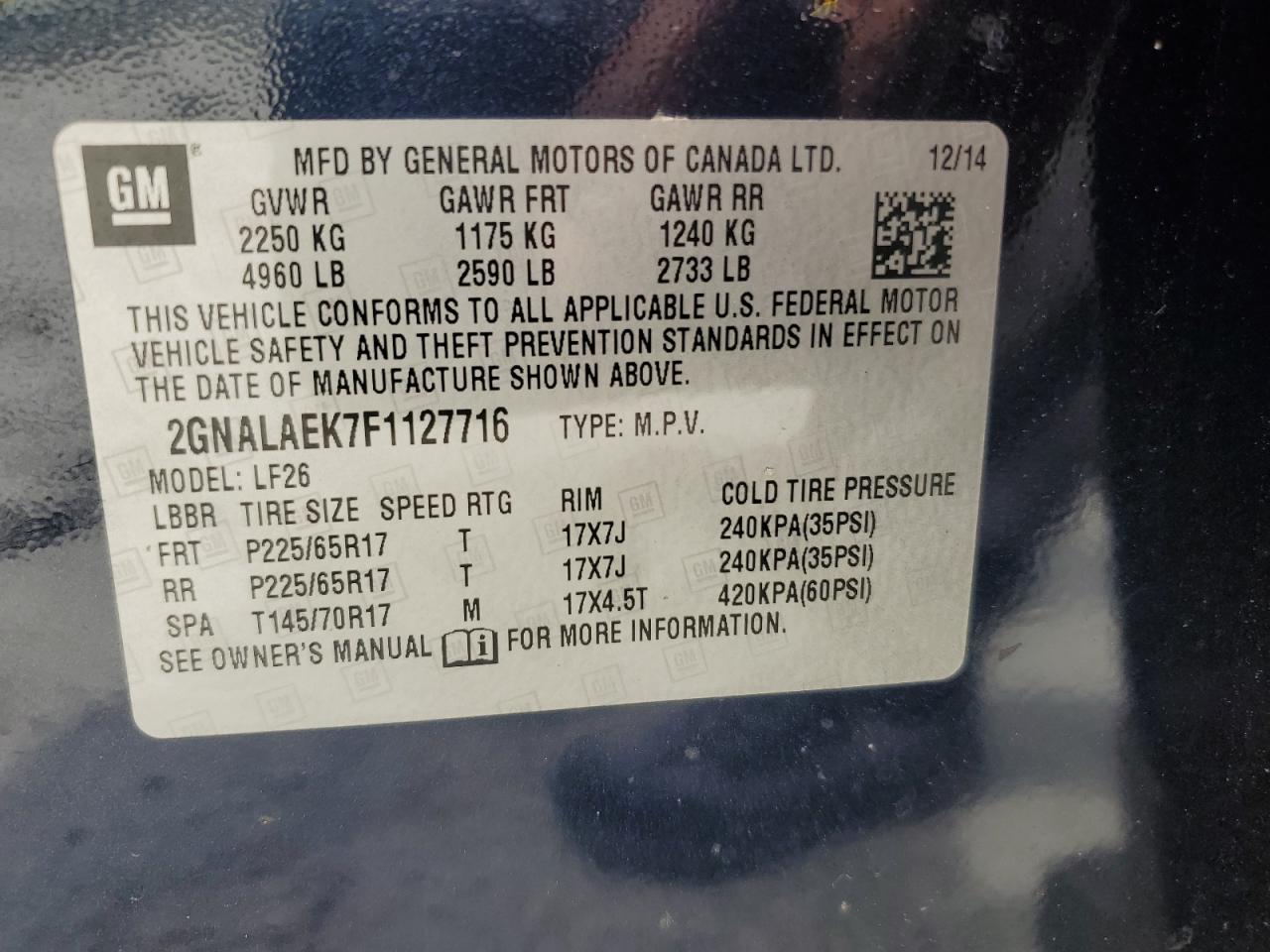 2015 Chevrolet Equinox VIN 2GNALAEK7F1127716 Copart auction photo, front end / hail damage thumbnail 16