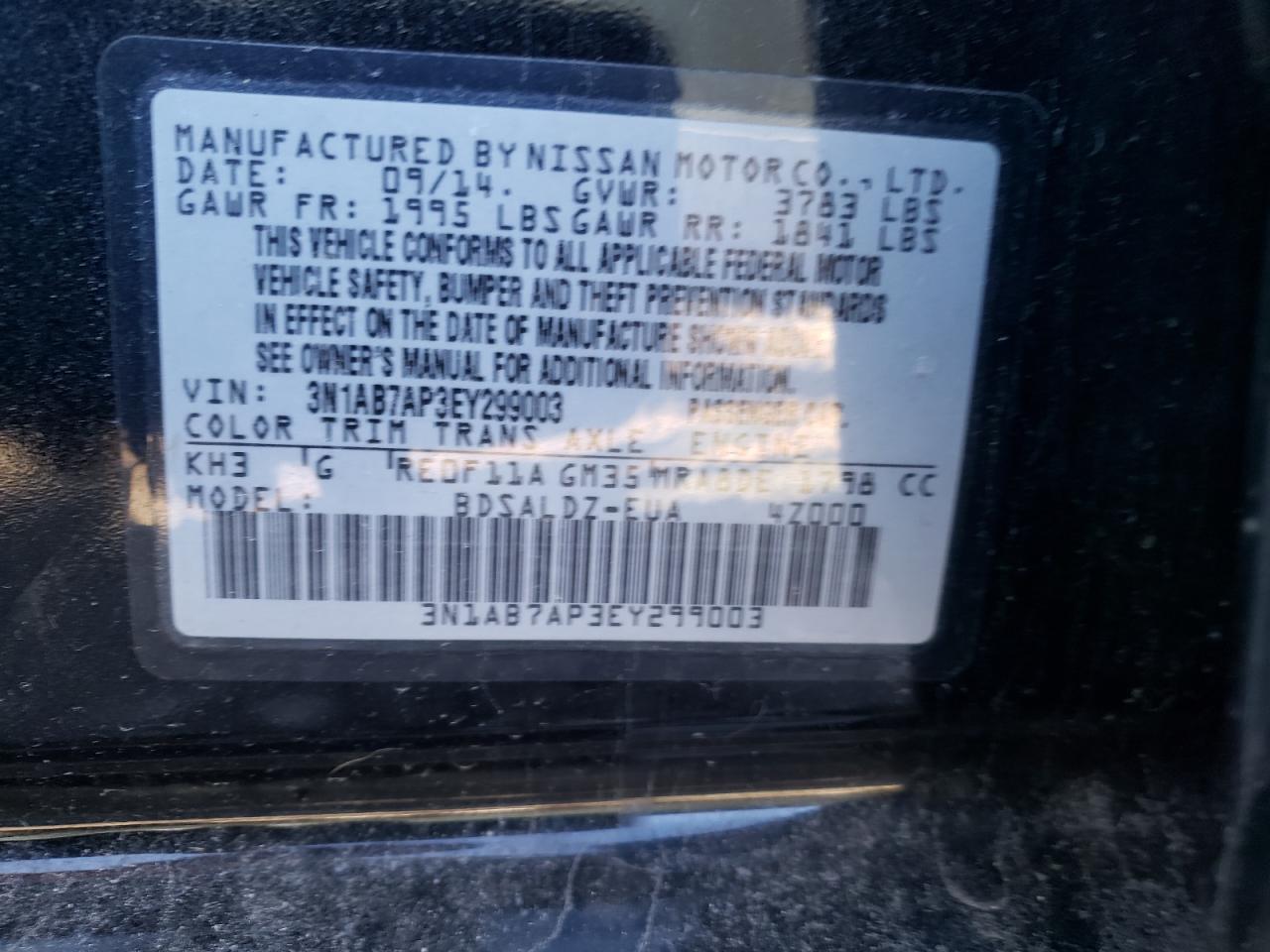 2014 Nissan Sentra VIN 3N1AB7AP3EY299003 Copart auction photo, front end / minor dent/scratches damage thumbnail 12