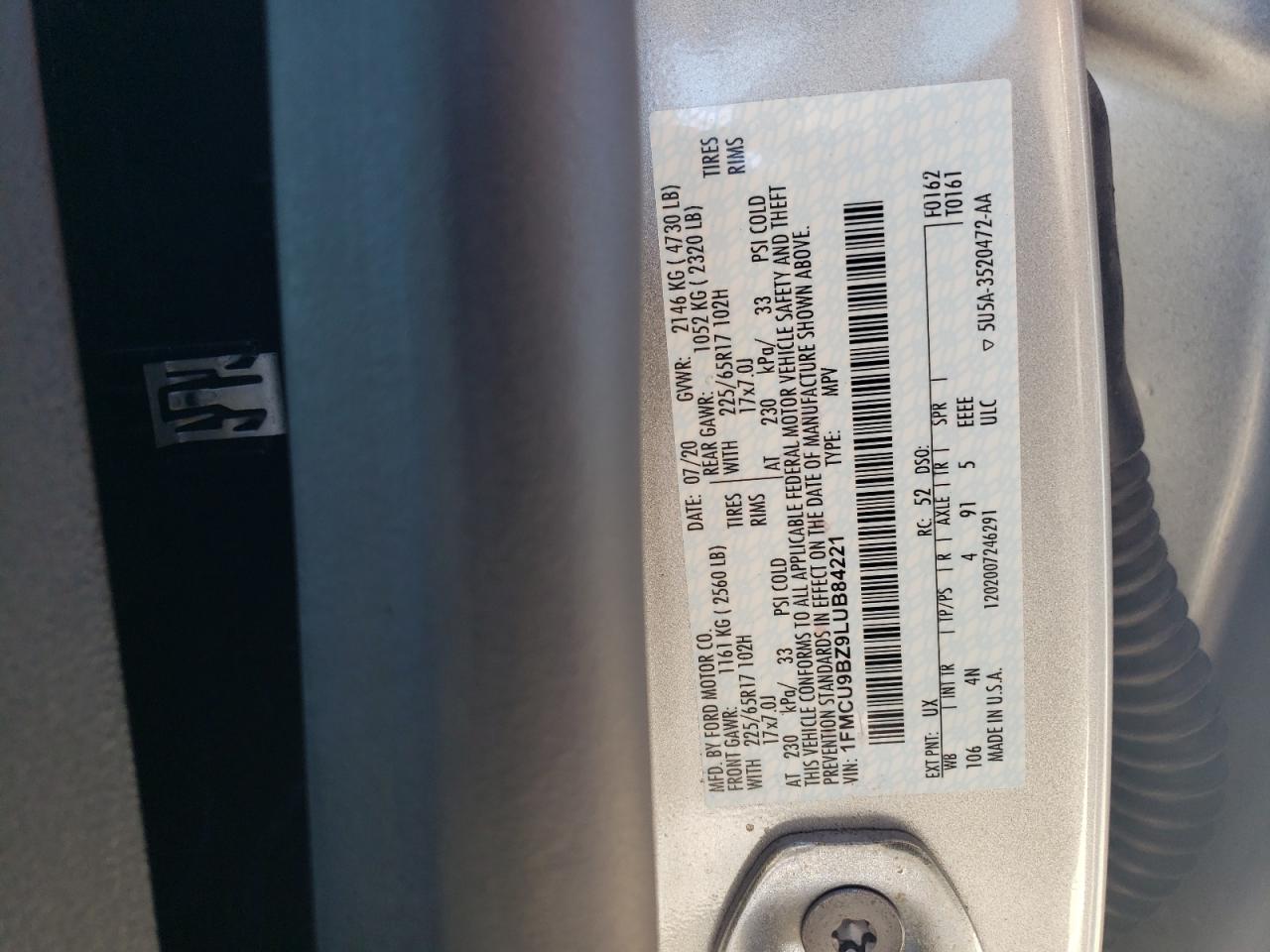 2020 Ford Escape VIN 1FMCU9BZ9LUB84221 Copart auction photo, rear end / mechanical damage thumbnail 16