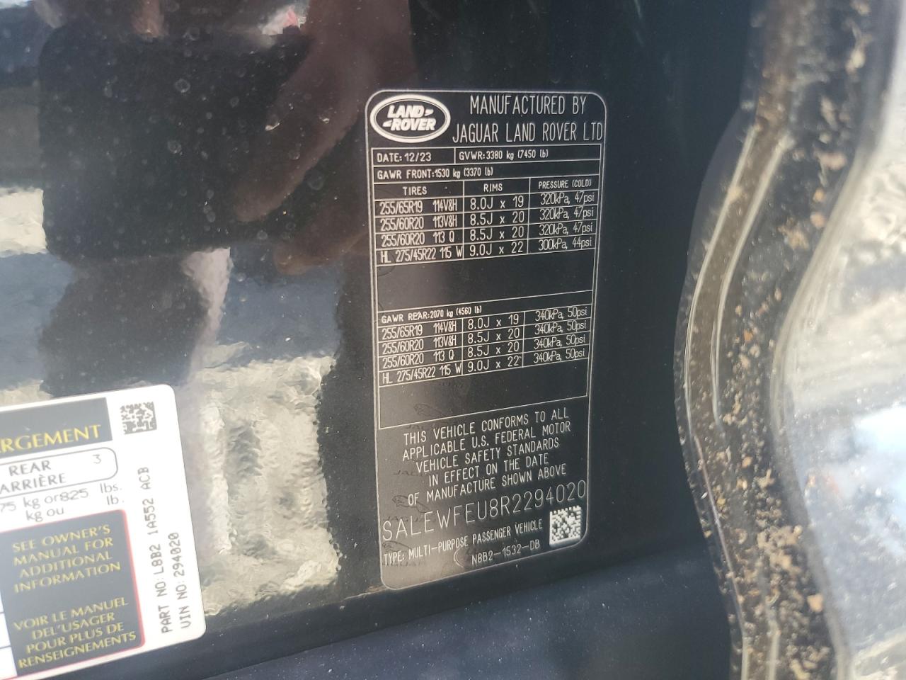 2024 Land Rover Defender VIN SALEWFEU8R2294020 Copart auction photo, front end damage thumbnail 13