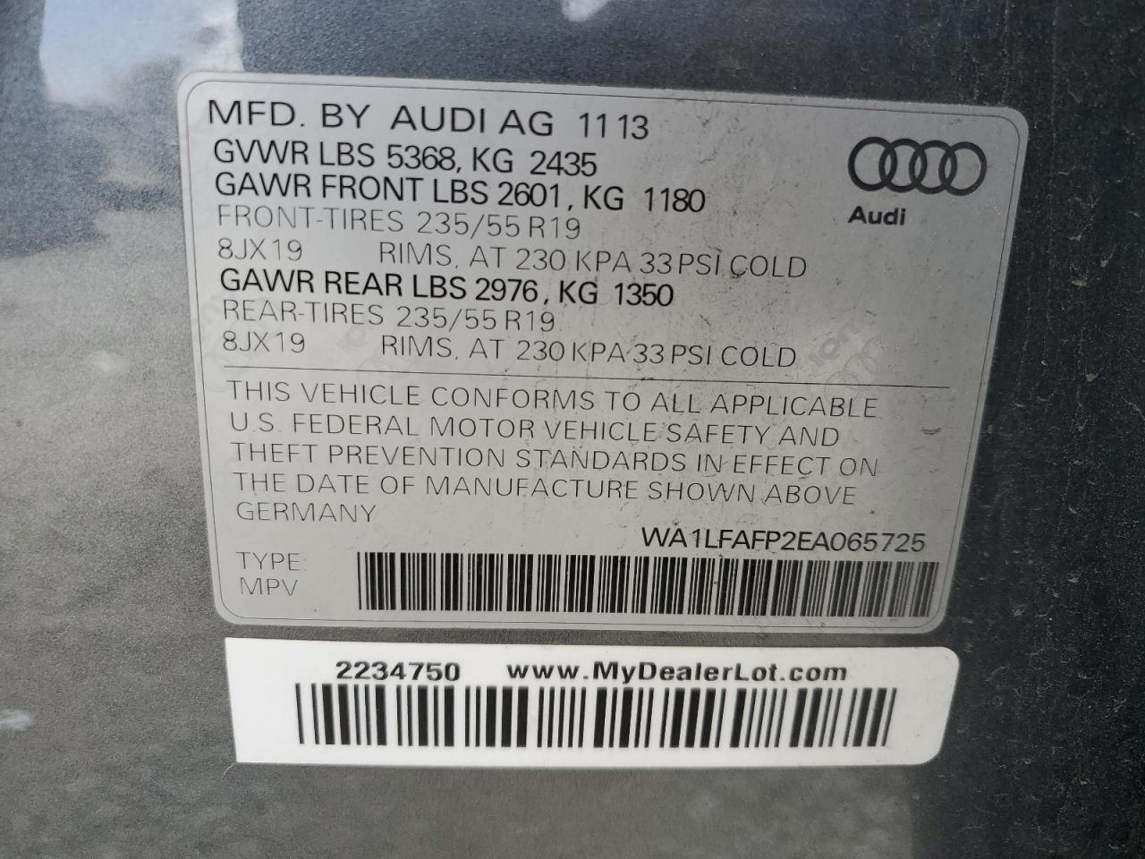 2014 Audi Q5 VIN WA1LFAFP2EA065725 Copart auction photo, front end / minor dent/scratches damage thumbnail 14
