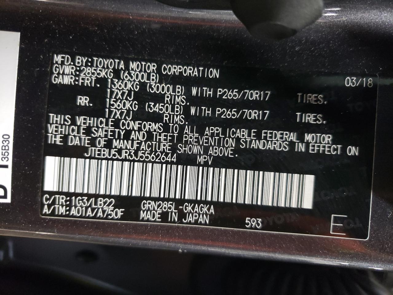 2018 Toyota 4Runner VIN JTEBU5JR3J5562644 Copart auction photo, front end damage thumbnail 13