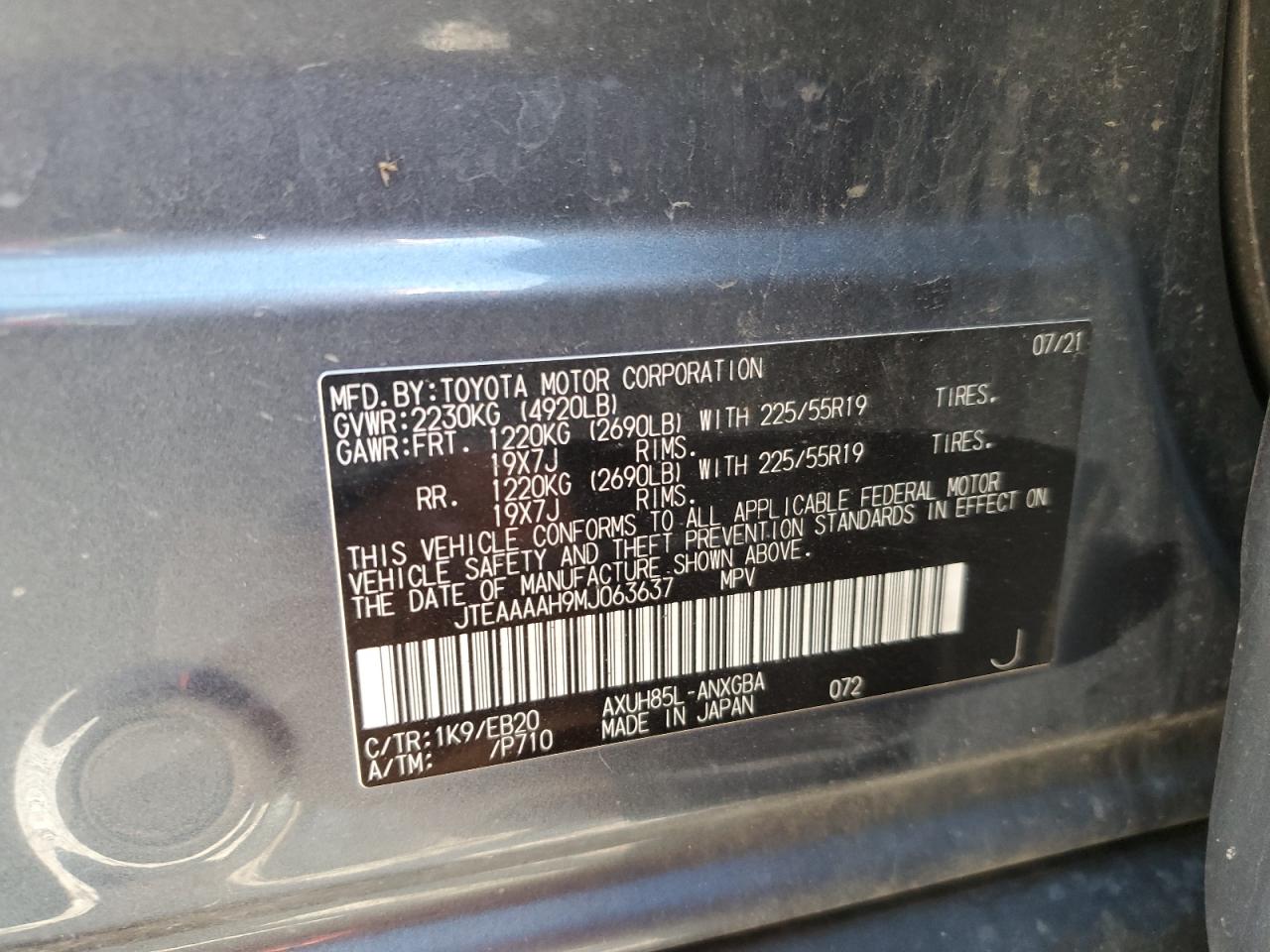 2021 Toyota Venza VIN JTEAAAAH9MJ063637 Copart auction photo, front end damage thumbnail 16