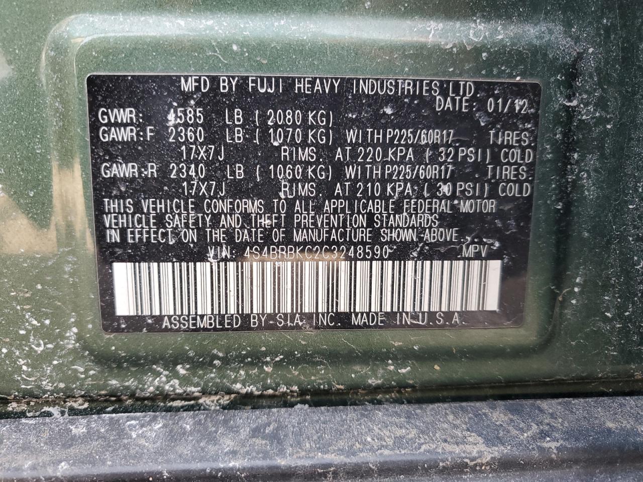 2012 Subaru Outback VIN 4S4BRBKC2C3248590 Copart auction photo, front end damage thumbnail 13