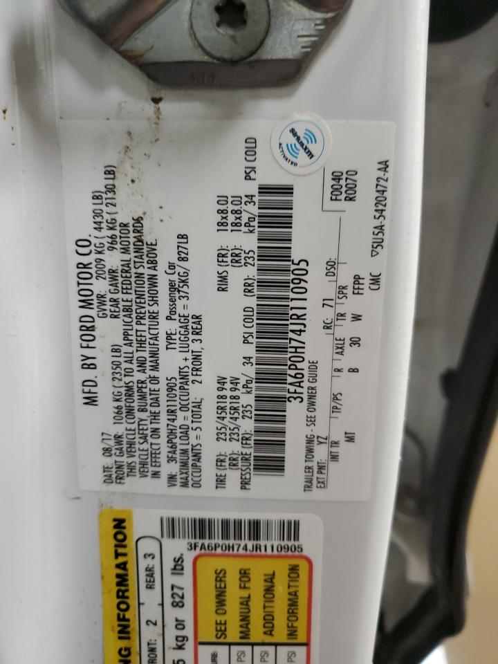 2018 Ford Fusion VIN 3FA6P0H74JR110905 Copart auction photo, front end / minor dent/scratches damage thumbnail 12