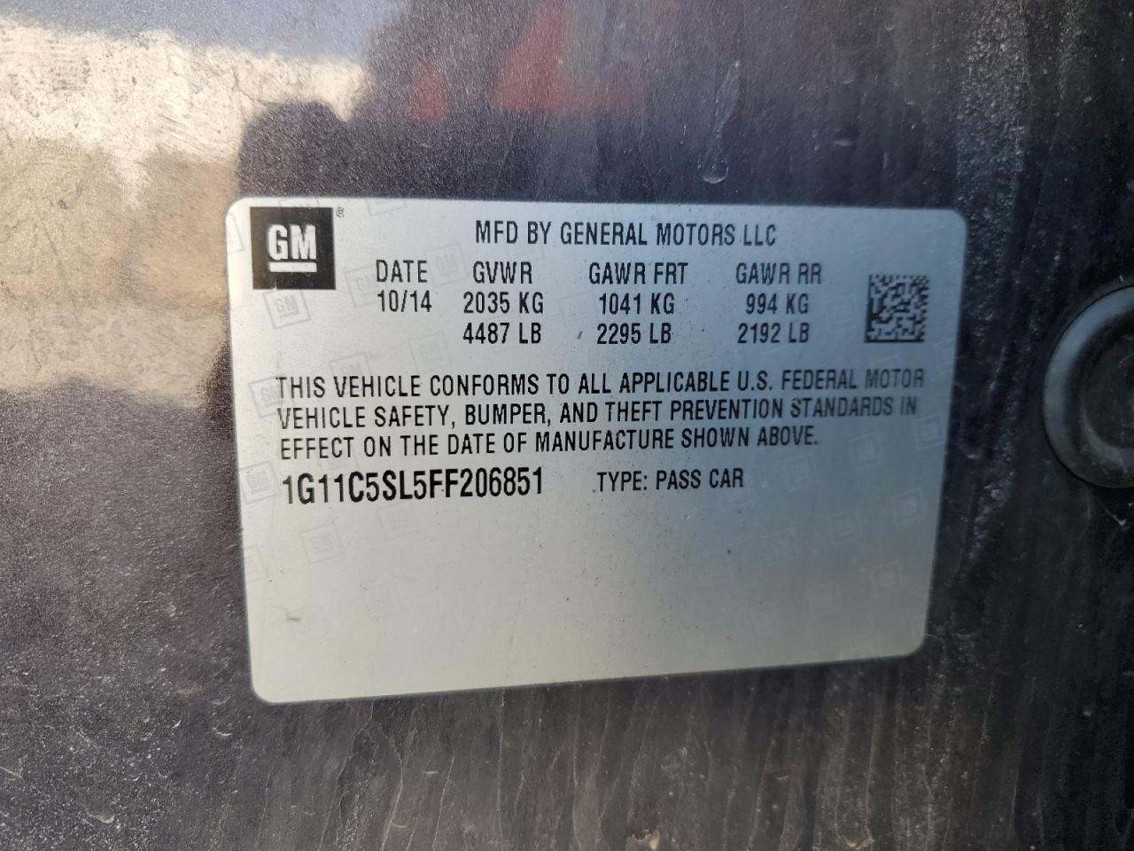 2015 Chevrolet Malibu VIN 1G11C5SL5FF206851 Copart auction photo, rear end / side damage thumbnail 15