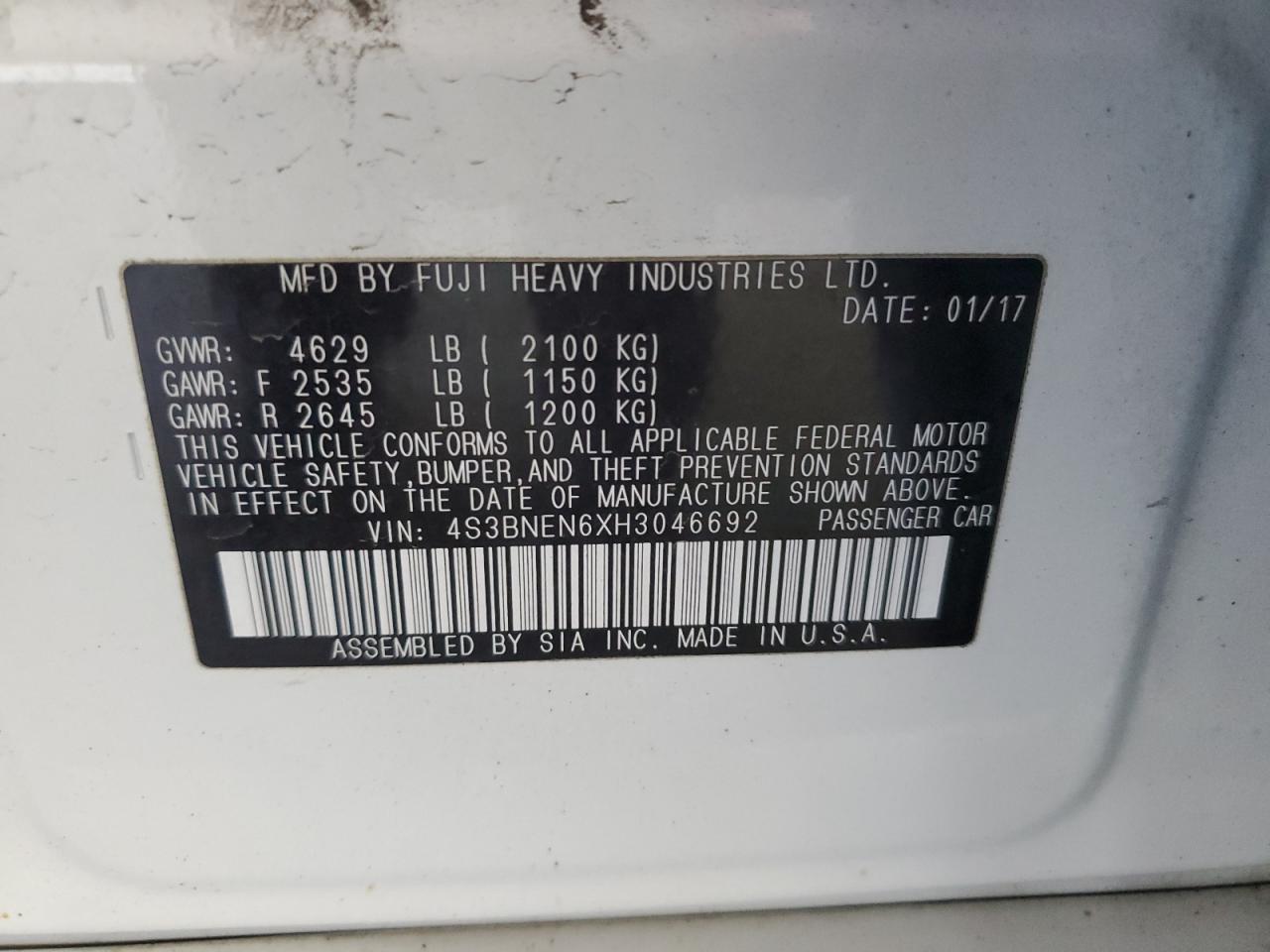 2017 Subaru Legacy VIN 4S3BNEN6XH3046692 Copart auction photo, front end damage thumbnail 13
