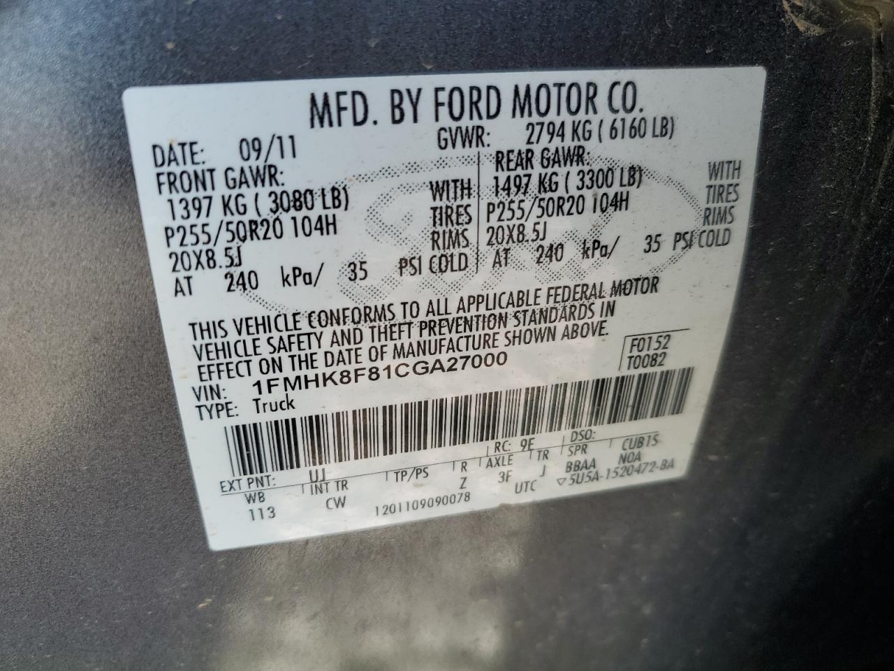 2012 Ford Explorer VIN 1FMHK8F81CGA27000 Copart auction photo, side damage thumbnail 14