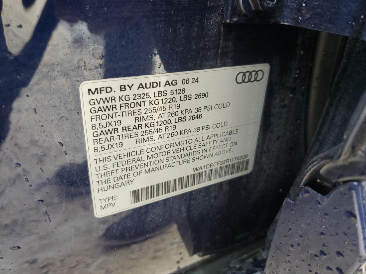 2024 Audi Q3 VIN WA1DECF33R1170229 Copart auction photo, water/flood damage thumbnail 13