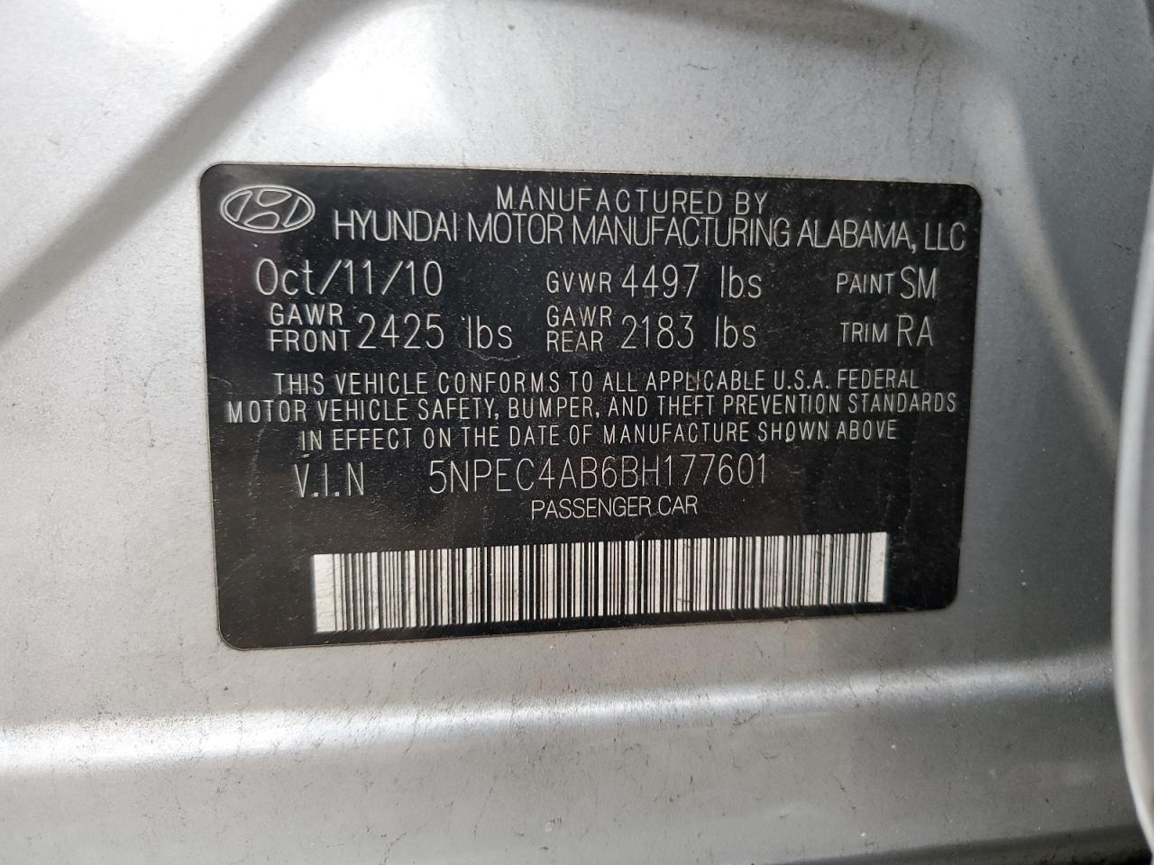 2011 Hyundai Sonata VIN 5NPEC4AB6BH177601 Copart auction photo, front end / side damage thumbnail 12