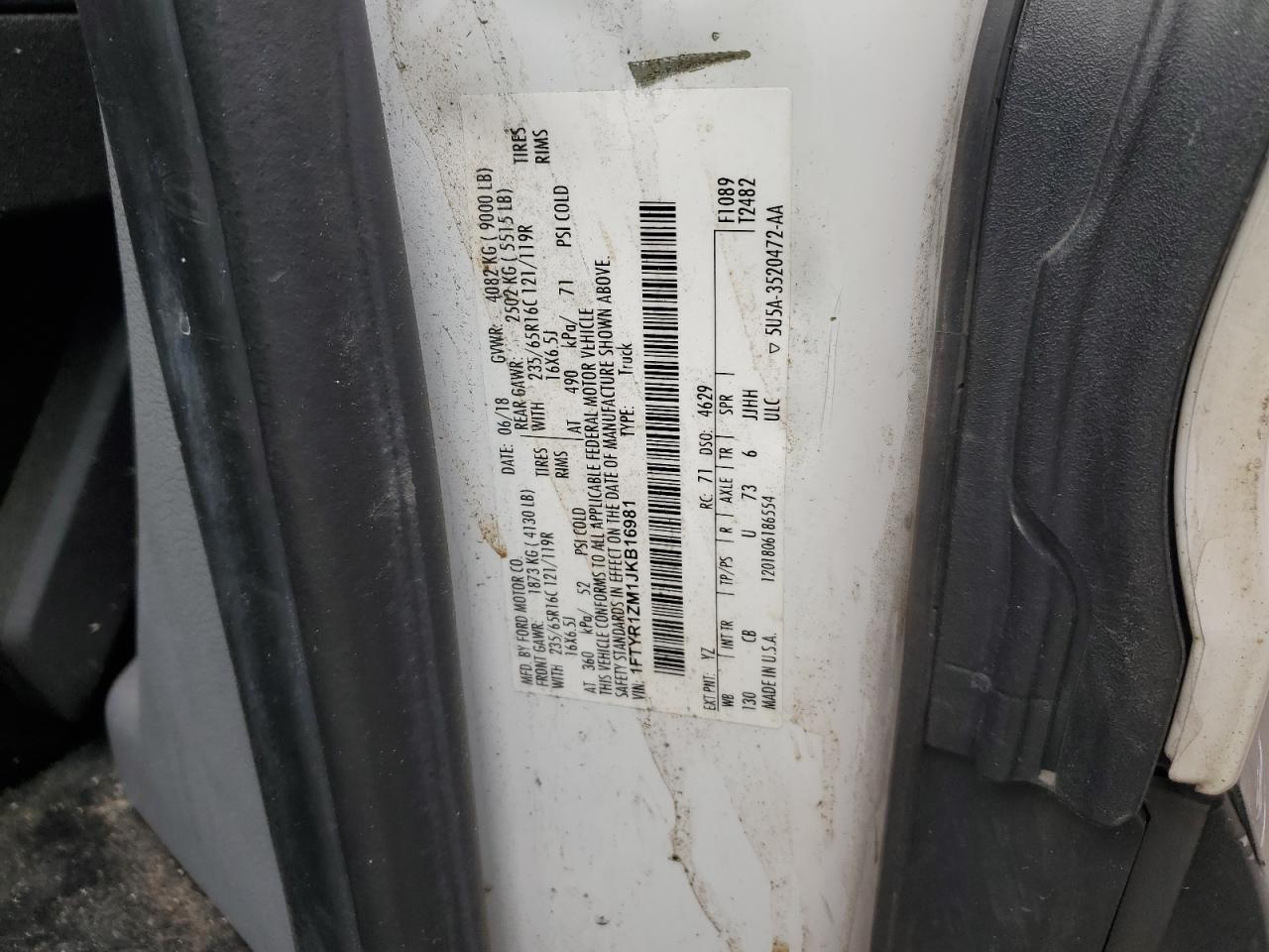 2018 Ford Transit VIN 1FTYR1ZM1JKB16981 Copart auction photo, front end damage thumbnail 13