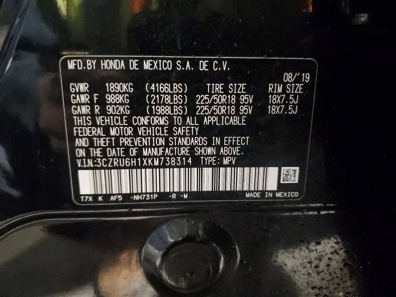 2019 Honda HR-V VIN 3CZRU6H1XKM738314 Copart auction photo, front end damage thumbnail 15
