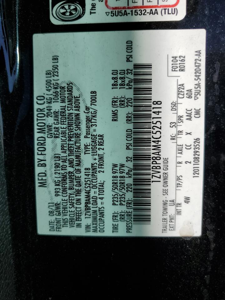 2012 Ford Mustang VIN 1ZVBP8AM4C5251418 Copart auction photo, front end damage thumbnail 12