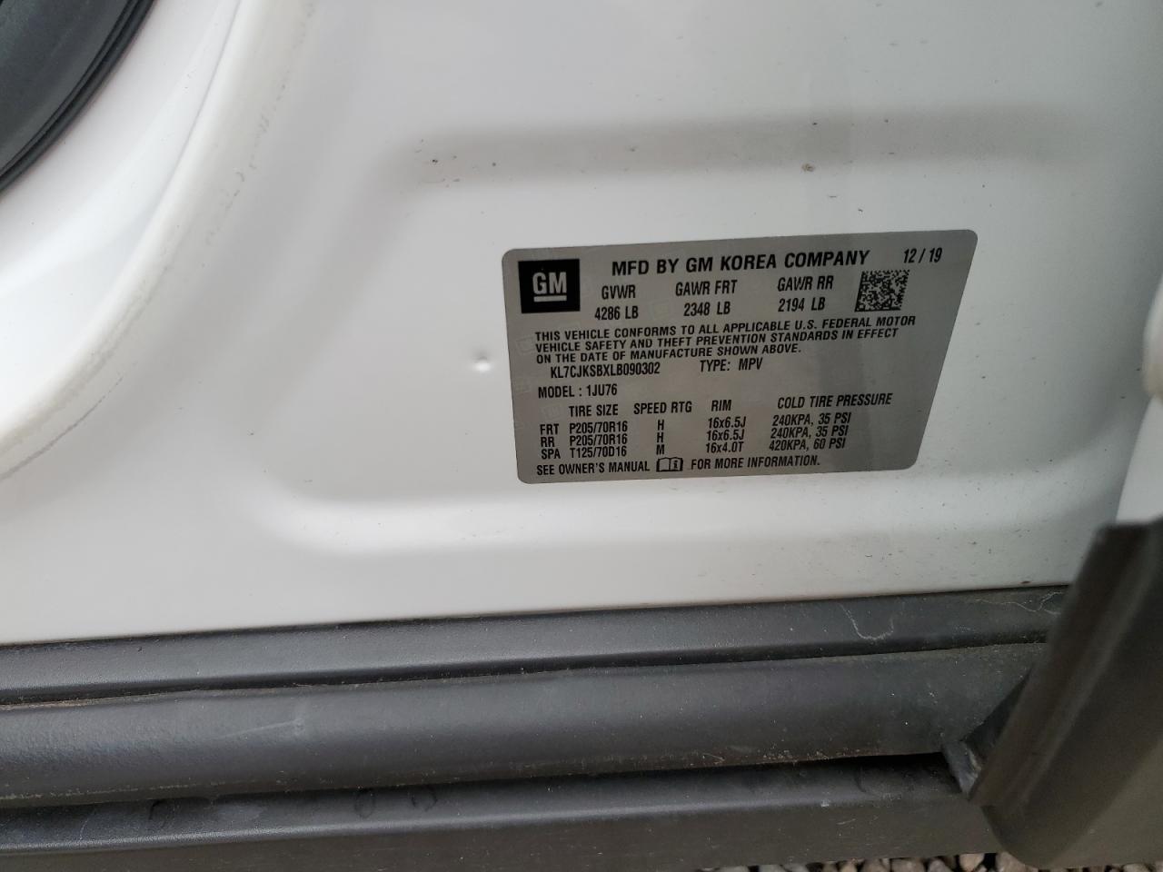 2020 Chevrolet Trax VIN KL7CJKSBXLB090302 Copart auction photo, water/flood damage thumbnail 14
